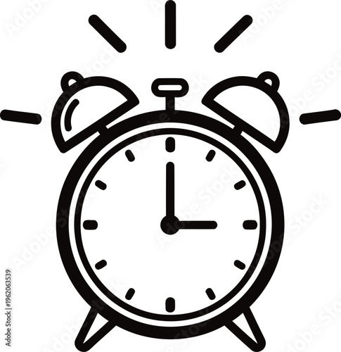 Simple black and white illustration of an alarm clock ringing loudly