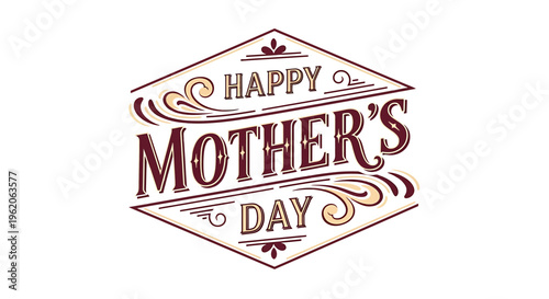 Happy mother's day decorative text logo with red and gold swirling designs on white background