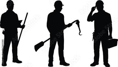 Collection of Male Construction Worker Silhouettes Wearing Hard Hats Holding Tools and Equipment Isolated on White Background Vector Illustration Set