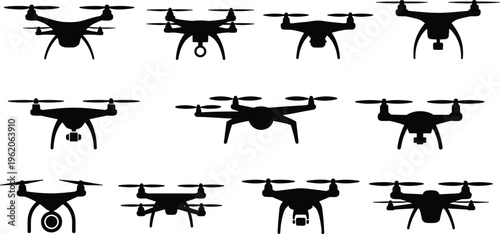 Collection of Various Quadcopter Drone Silhouettes and Aerial Photography Icons Isolated on White Background Vector Illustration Set for Technology and Innovation