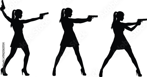 Collection of silhouettes featuring a woman in a dress and high heels holding a gun in different action poses