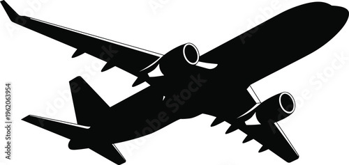 Commercial Airplane Silhouette in Flight Isolated on White Background Upward View Vector Illustration for Travel Tourism and Global Transportation Concepts