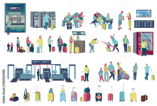 Large set of airport and travel elements in flat vector style. Collection includes diverse passengers, luggage, waiting area, check-in counters, security control, kiosks, and travel scenes.  