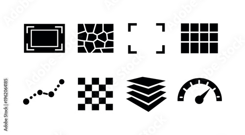 Computer vision engineering: bounding box frame overlay, image segmentation mosaic tiles, feature detection corner marks, convolution kernel grid, object tracking path dots, camera