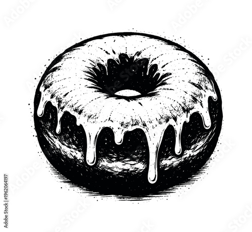 A realistic glazed donut with thick icing drip shown in direct frontal view, enlarged to dominate the frame and isolated on a pure white background, its