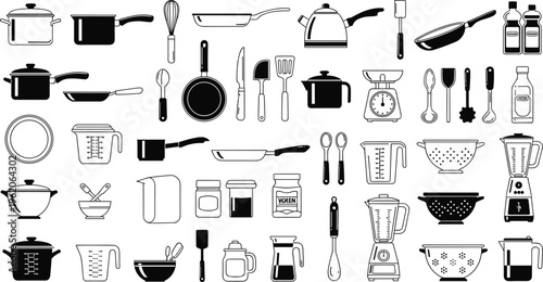 Kitchenware and cooking utensils collection with pots pans blender whisk scale measuring cup and various household tools for culinary design,