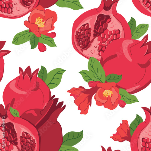 A pattern of whole pomegranates, pieces with seeds, leaves, and flowers. Seamless vector background in a flat style. Clipart for juice, perfume, and cosmetic packaging.