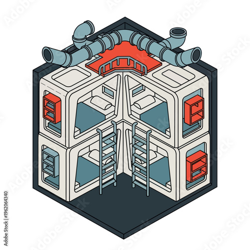 Isometric Illustration of a Futuristic Bunk Room with Plumbing.