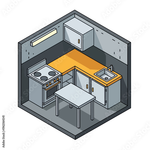 Isometric Kitchen Interior Design with Stove, Sink, and Table.