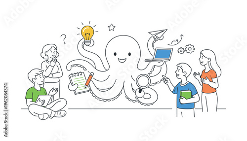 A creativity and problem-solving context where individuals draw inspiration from the flexibility and multitasking abilities of an octopus in a conceptual learning setting