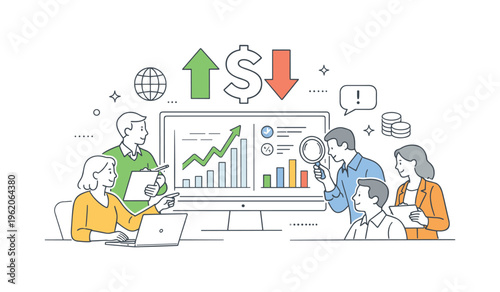 Professionals monitoring exchange rates and financial indicators in a digital workspace environment, symbolized by a simple dashboard screen paired with an upward and downward