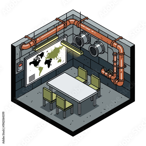 Isometric Illustration of a Secret Meeting Room with World Map.