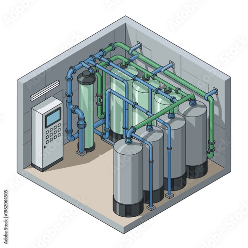 Isometric View of an Industrial Water Treatment System.