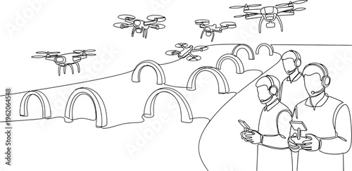 sketch of a bridge and people with drones