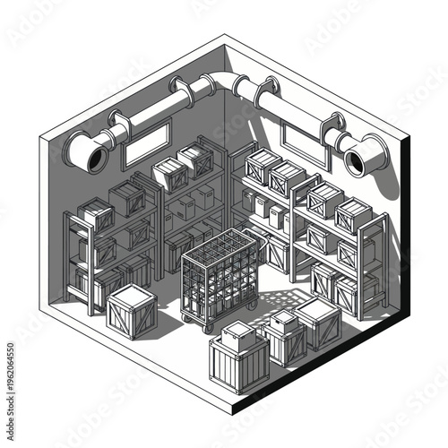Isometric Warehouse Interior Illustration with Shelves and Boxes.