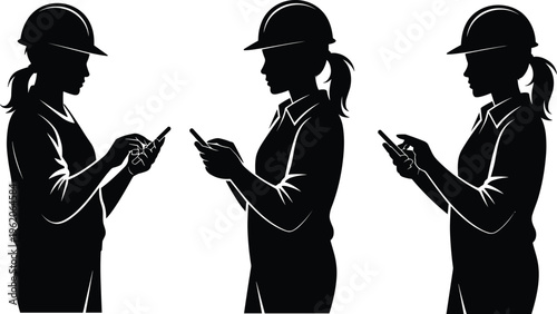 Detailed Silhouettes of Female Engineers in Hard Hats Using Smartphones Isolated on White Background Vector Illustration for Construction Site Management