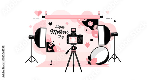 Flat illustration of a photography studio setup with happy mother's day text and pink hearts