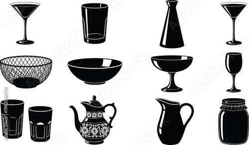 Vector collection of kitchenware silhouettes including martini glasses, bowls, teapot, pitcher, jar, and vases for restaurant menu and home decor design