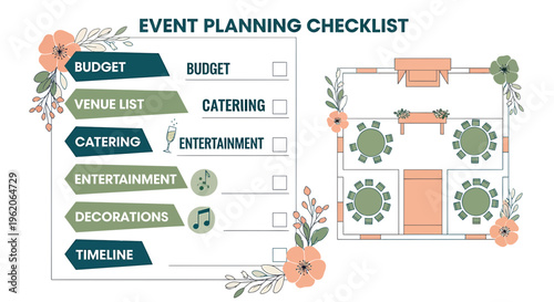 Event planning checklist with floral illustrations and seating layout organization tools