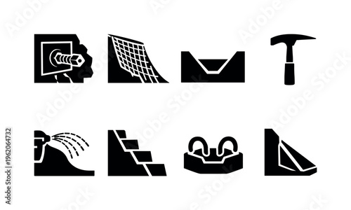 Cliff stabilization engineering: rock anchor bolt plate, mesh drapery net curtain, catch ditch trench line, scaling hammer pick tool, shotcrete contour spray arc, slope bench cut