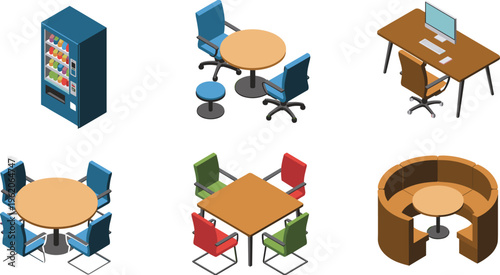 Isometric Office Furniture Collection Featuring Vending Machine Computer Desk Workspace Meeting Tables With Colorful Chairs and Breakroom Booth Seating Vector Illustration
