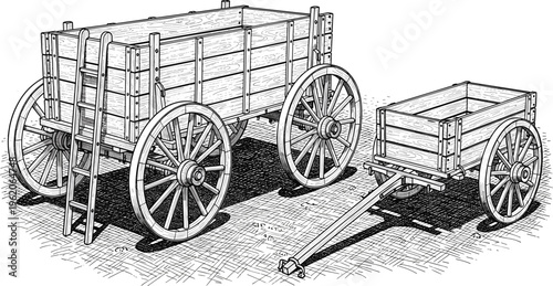 Set of vintage wooden wagons illustration featuring a large cart with ladder and a smaller cart, rustic western transportation lineart