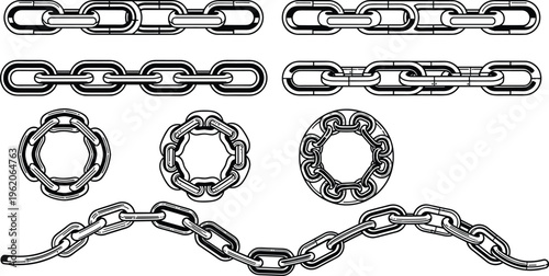 Vector collection of metal chain links in straight circle and wavy shapes for industrial design strength security and connection concepts