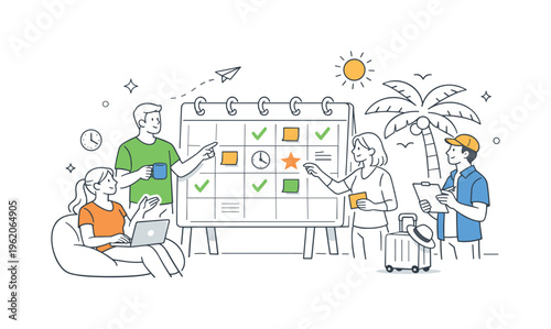 A workplace flexibility and time off management scene showing employees planning schedules and balancing availability together around a large calendar and a simple palm tree icon