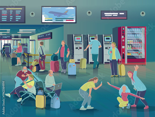 Modern airport terminal interior with diverse passengers in waiting area and security control. People with luggage, families.