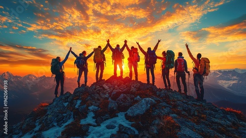Climbers summit sunrise mountain victory