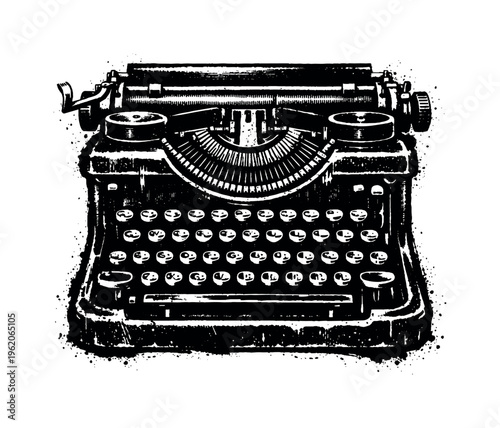Vintage typewriter shown in a direct frontal view with a slight downward angle, enlarged to dominate the frame and isolated on a perfectly clean white