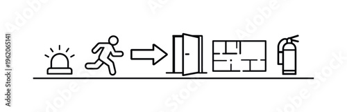 Fire escape route guidance and safety compliance highlighting visibility, direction, and preparedness for quick evacuation in workplaces and public facilities, running icon