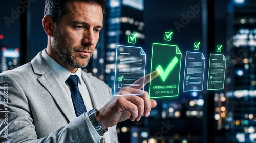 Focused businessman interacting with glowing digital documents and approval checks in a modern office at night
