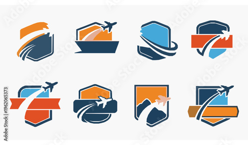 Bold airplane travel logo vector set with flying plane silhouette and motion trail emblem designs isolated
