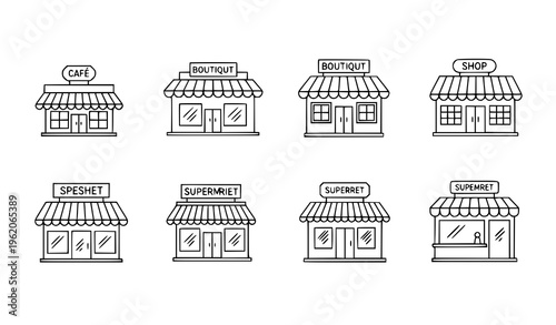 Modern shop building icon line vector set with geometric storefront designs retail business symbols isolated