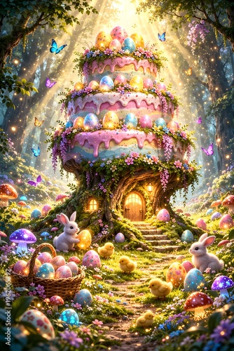 Märchenhafte Oster-Baumhaus-Torte mit Hasen, Eiern und magischem Waldlicht