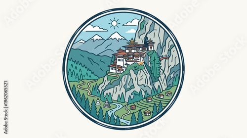 Scenic Landscape of Bhutan in a Circular Design