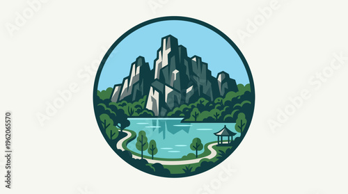 Scenic Mountain Lake Landscape in a Circular Frame