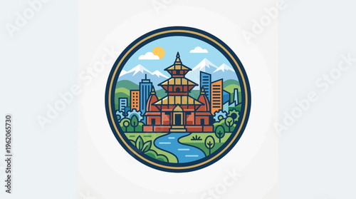 Nepalese Temple and Cityscape within a Circular Frame