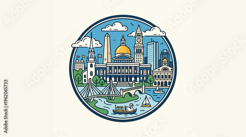 Stylized Boston Cityscape in a Circular Design
