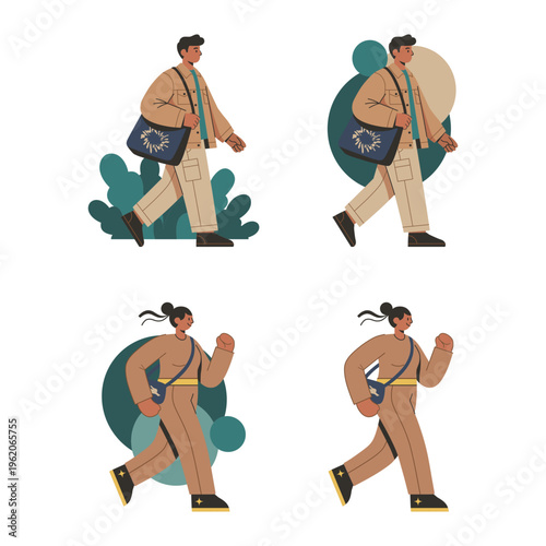 Set of flat vector illustrations of people walking with bags