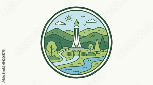 Scenic Landscape with Monument and Mountains