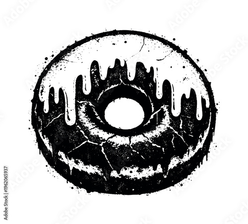 A realistic glazed donut with thick dripping icing shown in direct frontal view, enlarged to dominate the frame and isolated on a pure white background, its