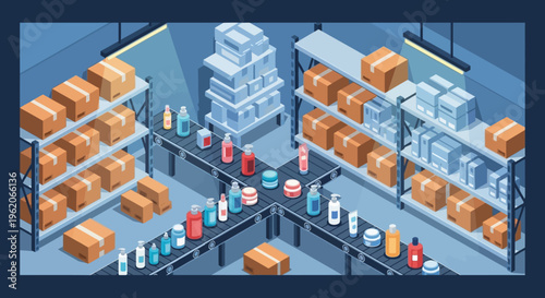 Workers efficiently sort and package goods on a production line in a busy warehouse environment with shelves and conveyor belts.