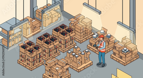 A worker stacks crates in a warehouse filled with drinks and boxes.