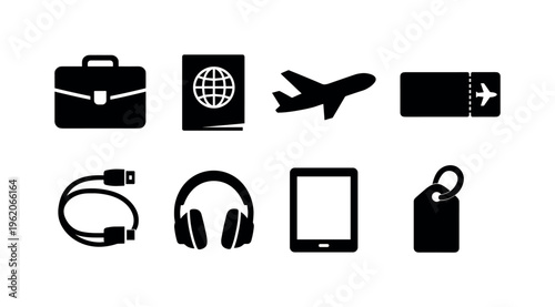 Business travel briefcase items: briefcase, passport, airplane, boarding pass, charger cable, headphones, tablet, luggage tag