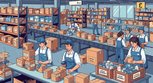 Workers are busy packing boxes in an industrial warehouse setting with shelves.