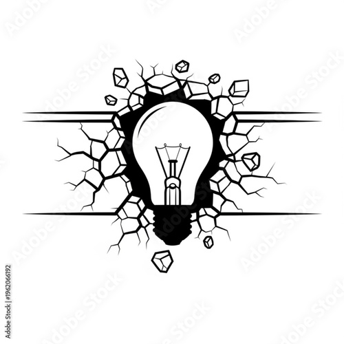A black and white vector graphic illustration of a lightbulb bursting through a cracked wall