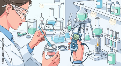 Scientist conducting experiment with test tubes and digital device in laboratory setting