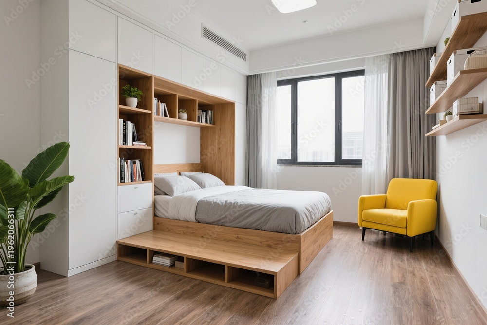 Fototapeta premium A modern minimalist bedroom design that showcases a cozy reading nook, while allowing bright natural light to flow in